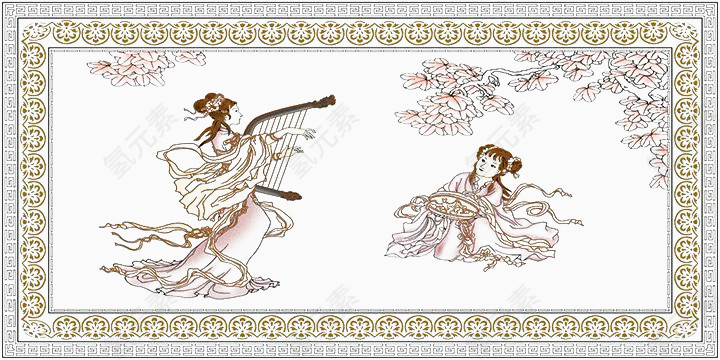 一幅古代美女弹琴娱乐图