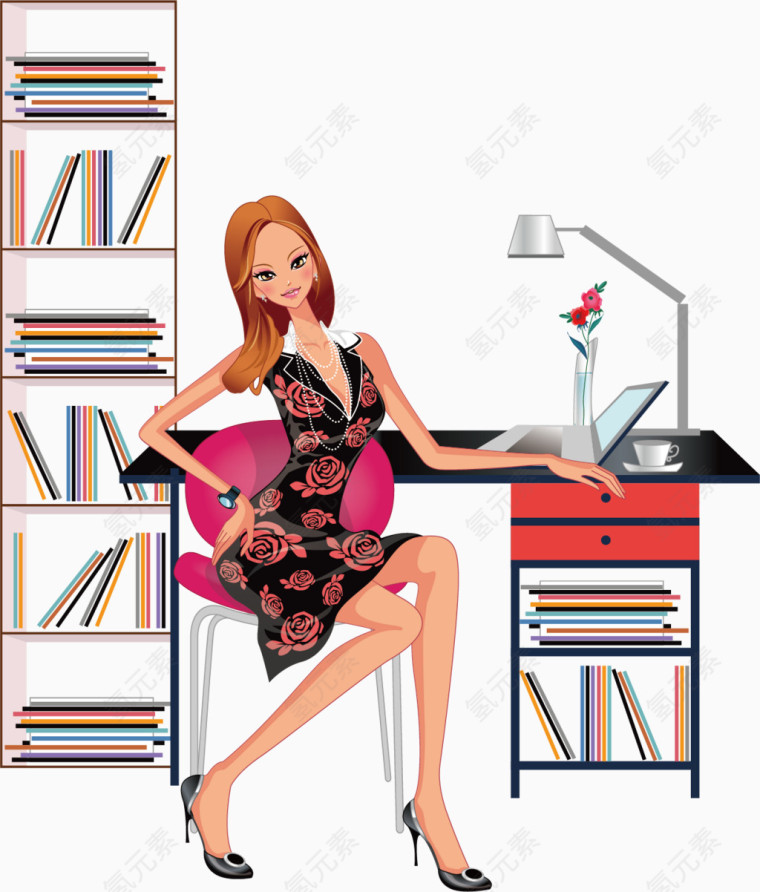 书柜办公桌时尚女士椅子卡通手绘装饰元素