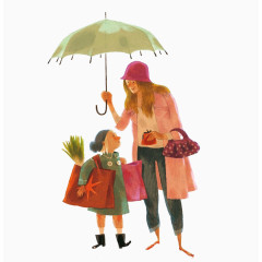 卡通妈妈给女儿撑伞