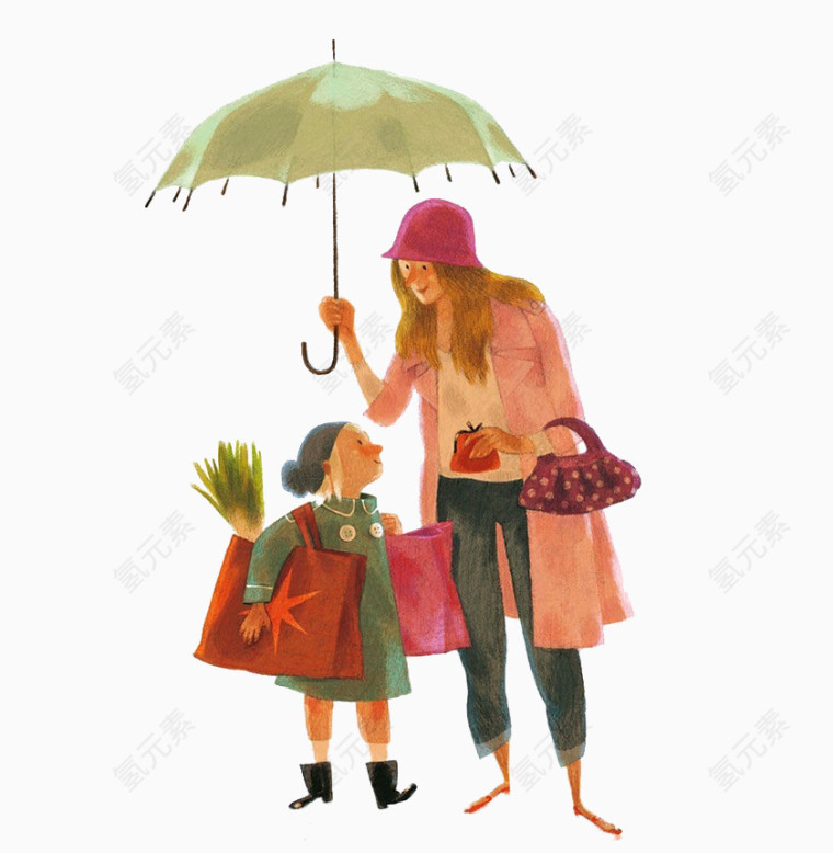 卡通妈妈给女儿撑伞