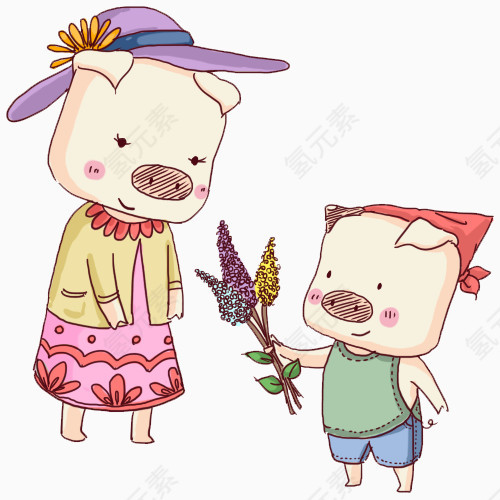 猪妈妈猪小孩卡通手绘装饰元素