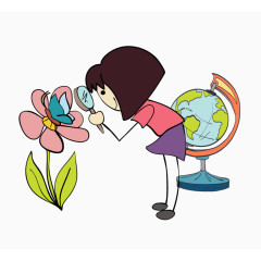 卡通手绘女教师研究花卉