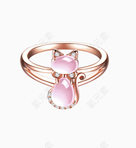 粉色水晶黄金小猫蝴蝶结戒指