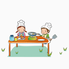 创意卡通手绘切菜炒菜的女孩厨师素材
