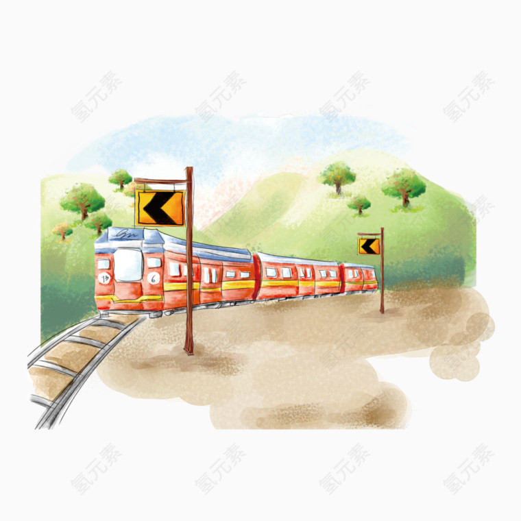 火车风景手绘水彩图