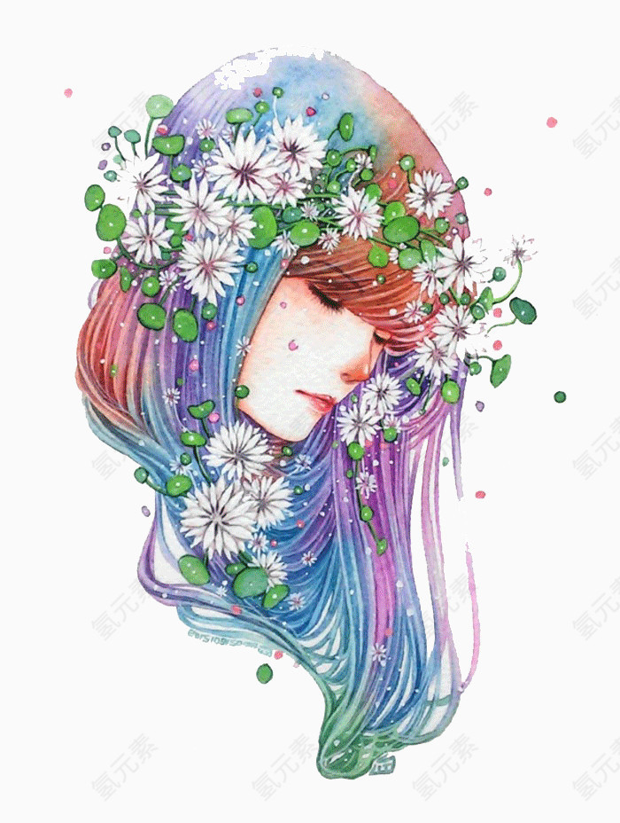 手绘少女和鲜花