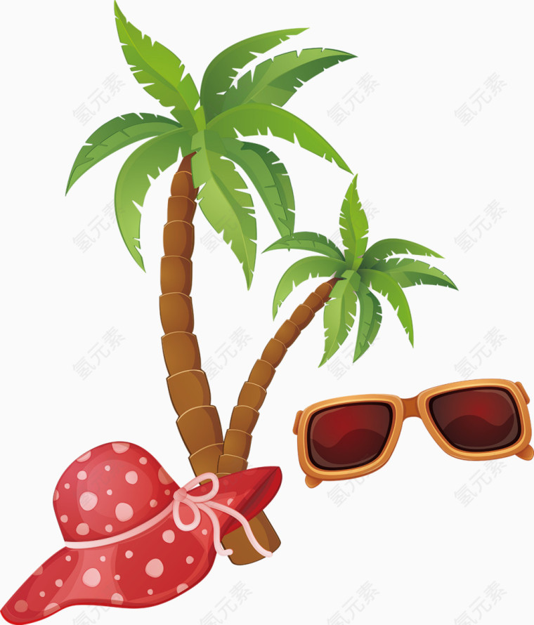 沙滩帽墨镜椰子树卡通手绘装饰元素