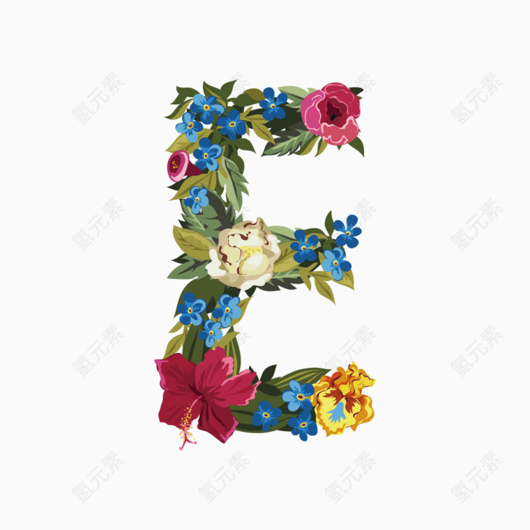 彩色花朵英文字体字母E
