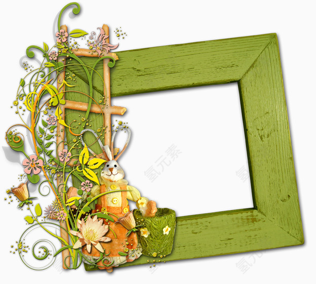 手绘花藤装饰的绿色木制边框