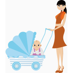 推婴儿车的女人卡通手绘节日元素装饰元素