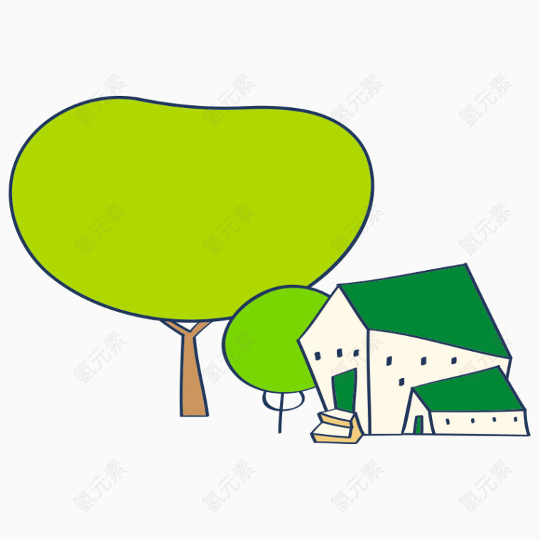 卡通手绘房子大树