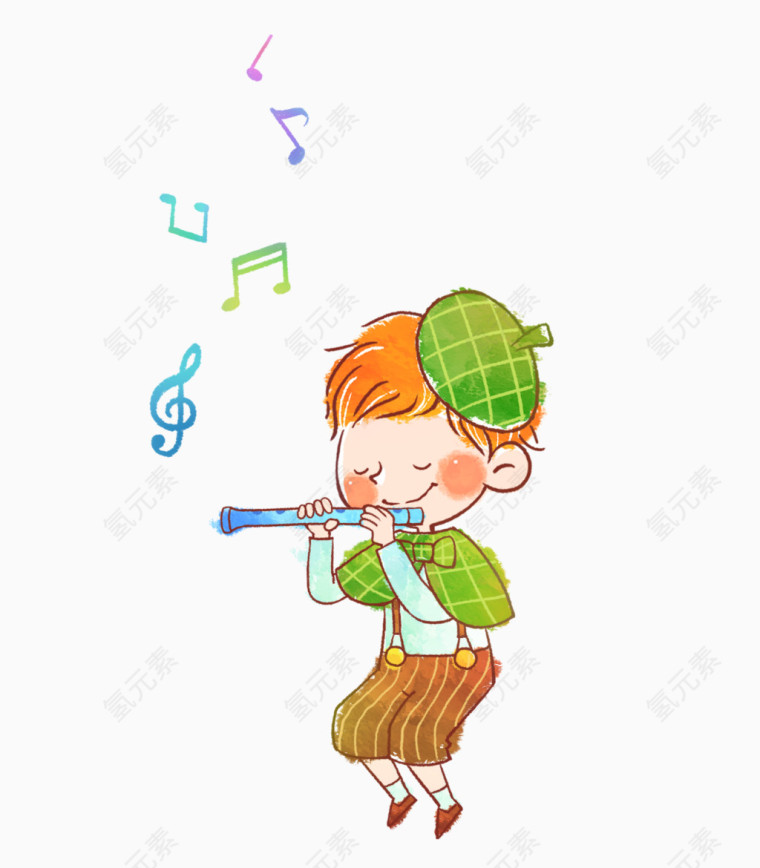 卡通手绘吹笛子的小男孩插画 