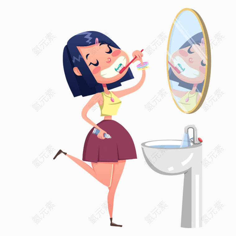 手绘卡通风女孩对镜子刷牙