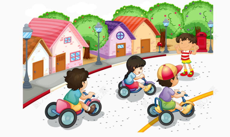 卡通儿童单车比赛街景矢量素材