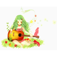 手绘草坪上弹吉他的女孩