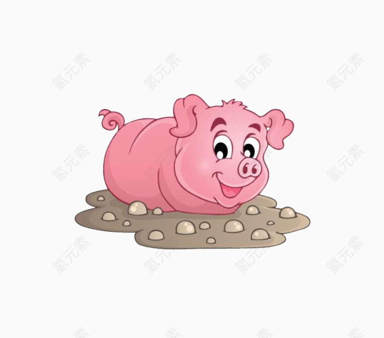 卡通手绘趴在泥里的小猪