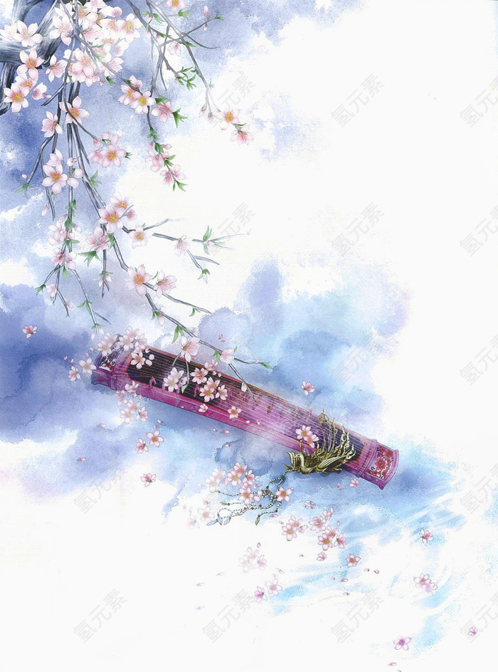 抚琴中国风彩色水墨画水彩画风景落花流水