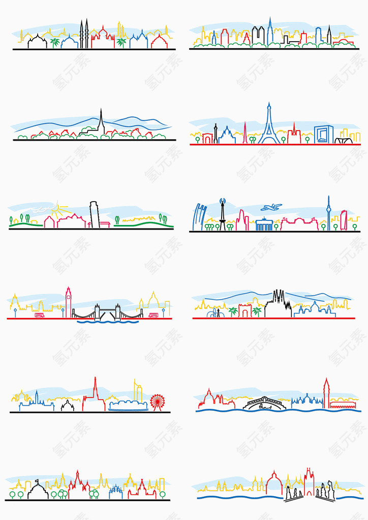 手绘各国标志性建筑