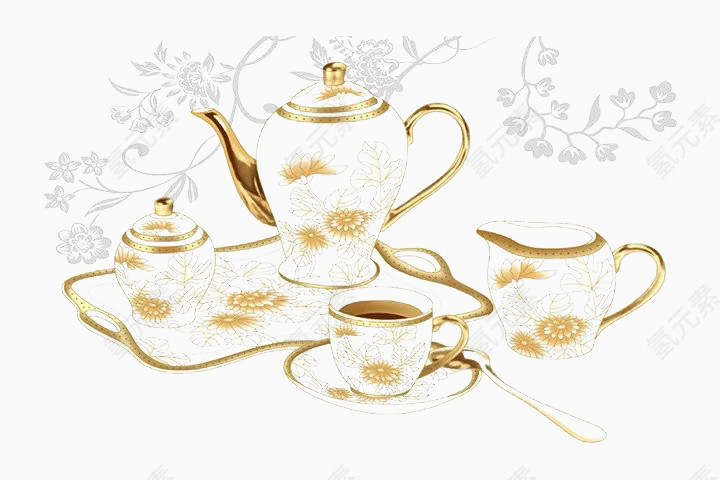 一套白底黄花的精美茶具