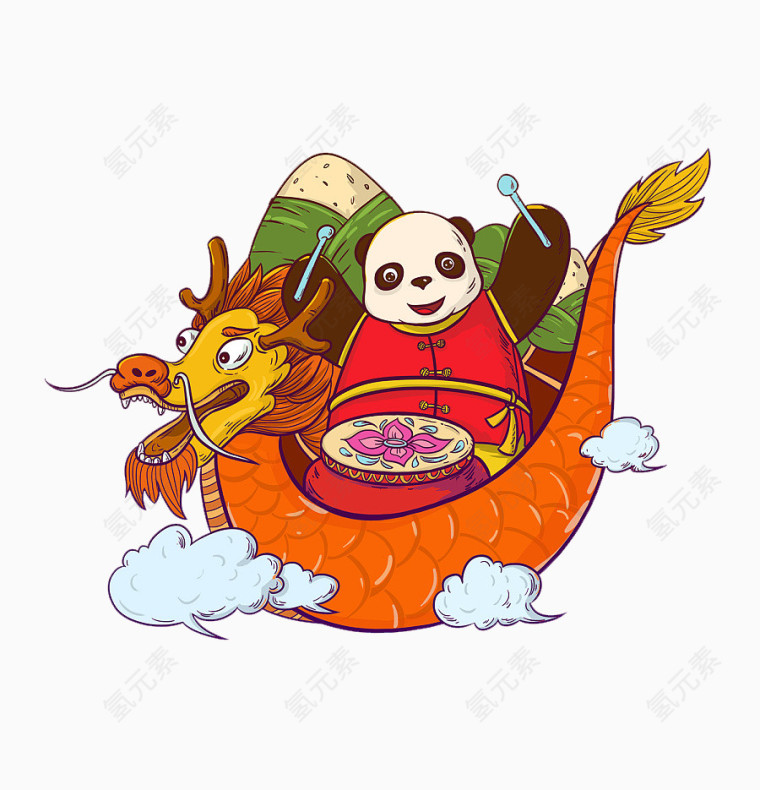 端午节龙舟粽子熊猫打鼓卡通手绘装饰元素
