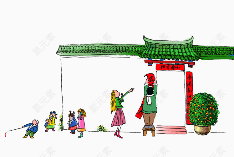 中国风卡通手绘过年贴春联放鞭炮