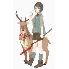 梦幻图片手绘素材 女孩和鹿