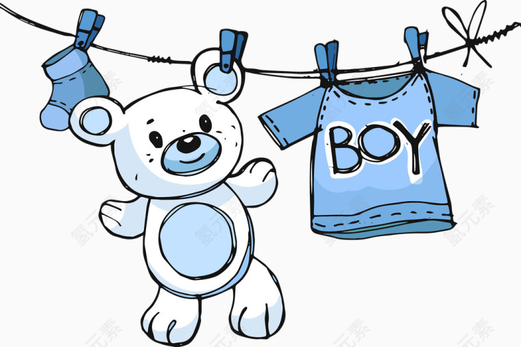 蓝色晾衣绳和玩具熊
