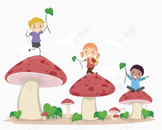 蘑菇上玩乐的孩子们