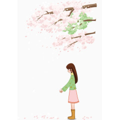卡通手绘站在桃花树下的小女孩插画