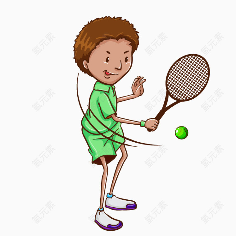 卡通手绘绿色衣服接网球男孩