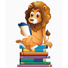 卡通手绘可爱狮子坐书籍上看书
