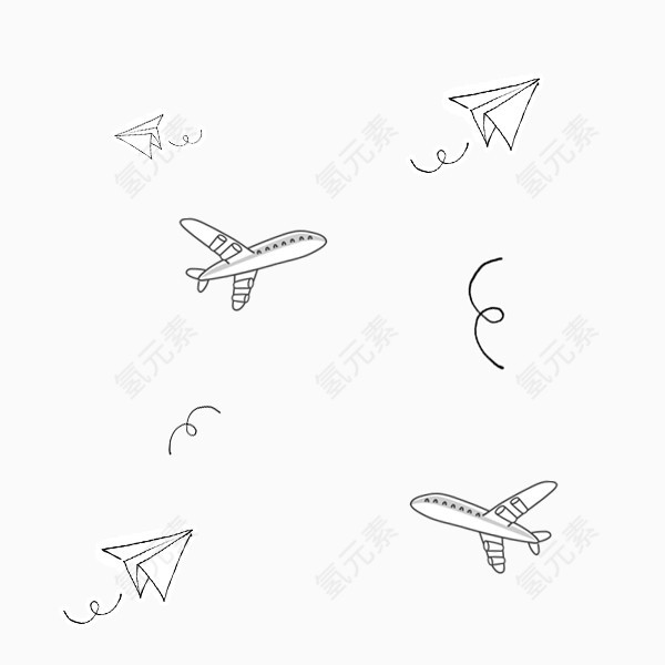卡通黑白手绘飞机纸飞机