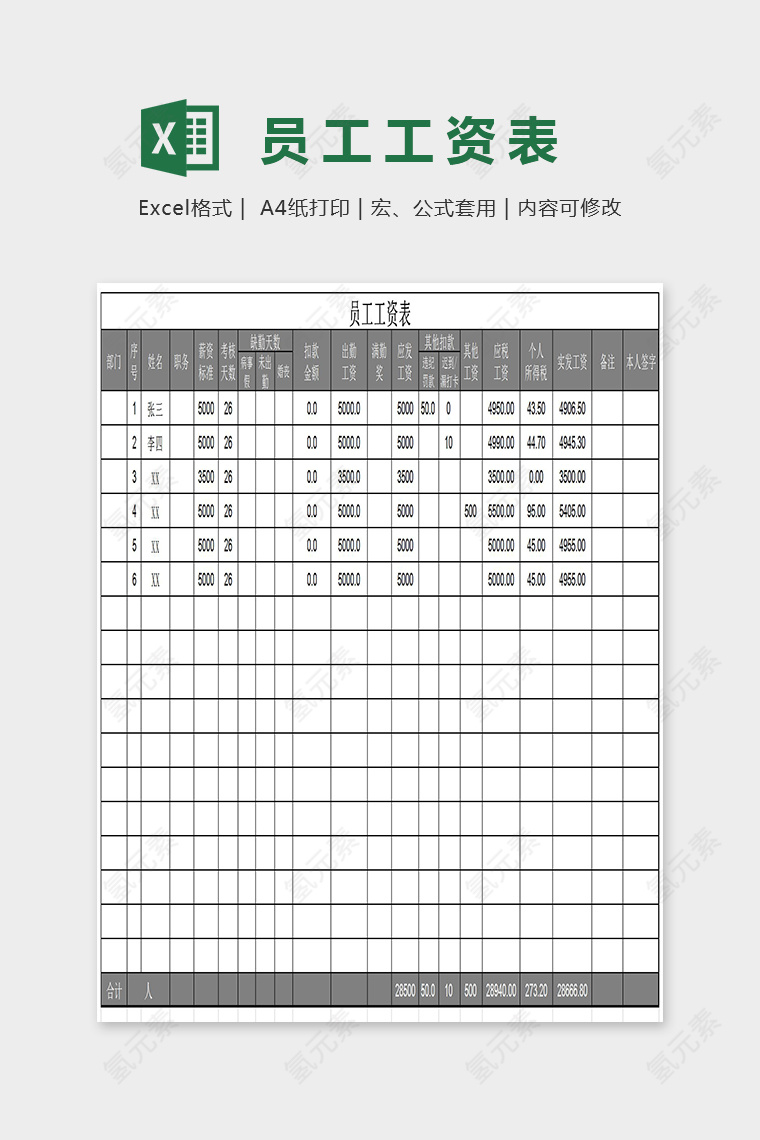 简单精美数据员工工资表Excel