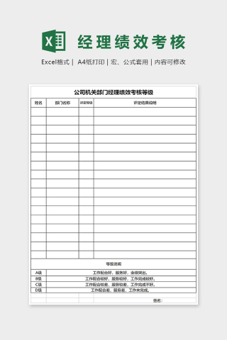 公司机关部门经理绩效考核等级Excel表格模板下载