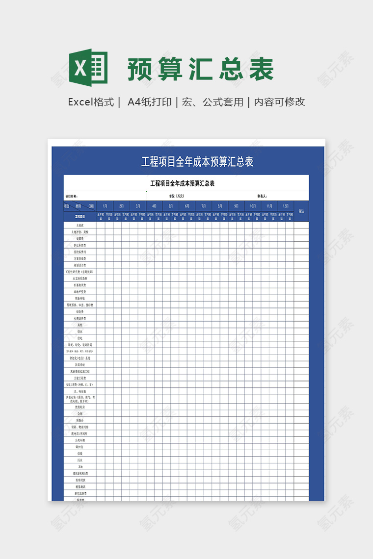 工程项目全年成本预算汇总表excel模板