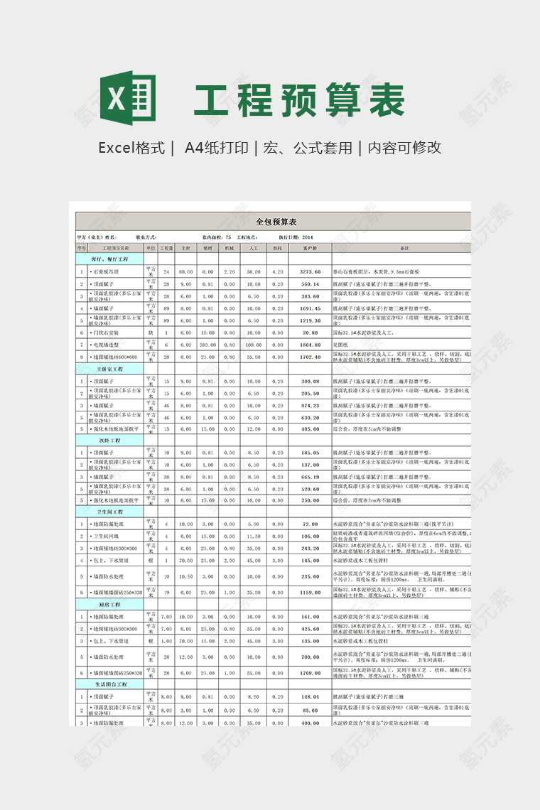 实用详细报价定额预算表模版