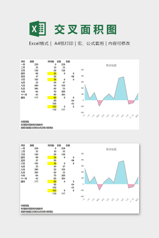 红蓝淡雅交叉填充面积图excel模板下载