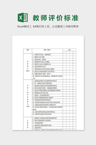 专业幼儿园幼儿教师评价标准excel模板下载