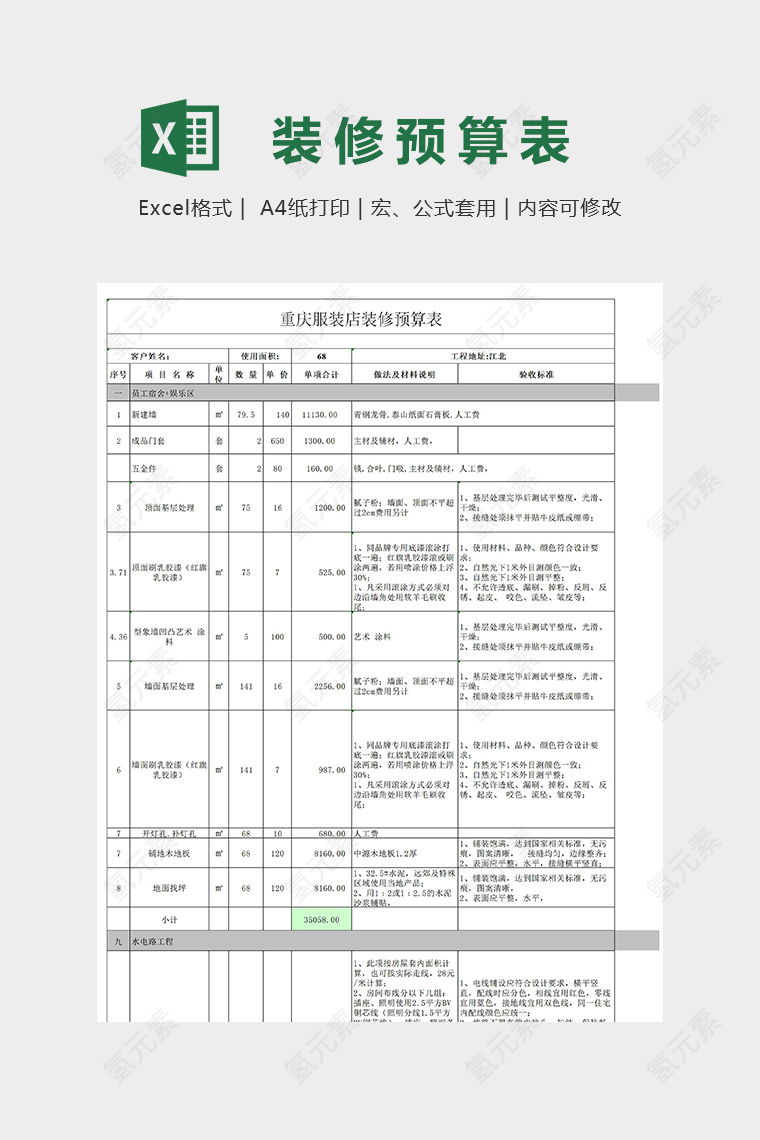 服装店装修预算表