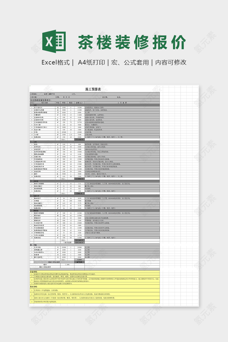 茶楼装修施工预算表Excel表格模板