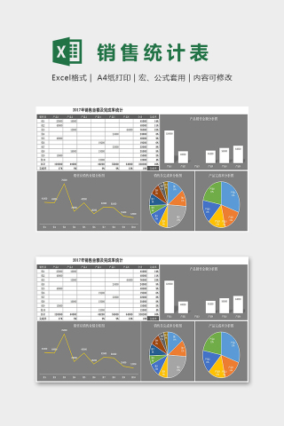 黑色商务年度销售金额及完成率统计图表excel模板下载