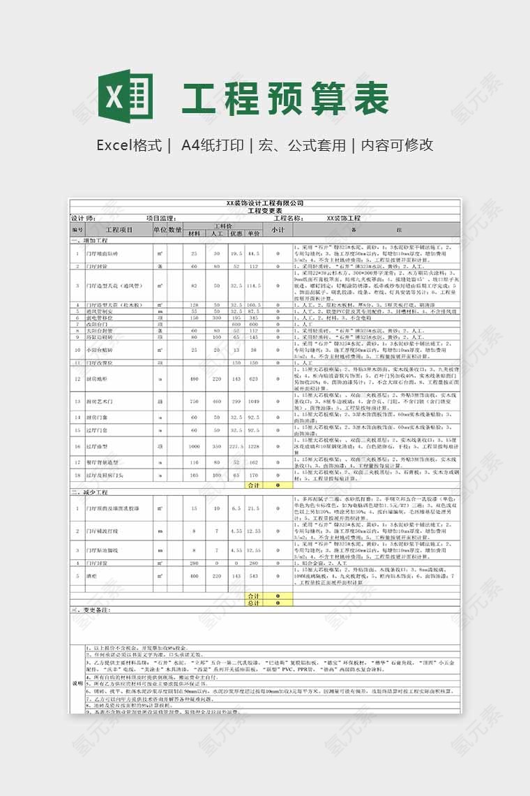 简约精美工程预算统计表Excel