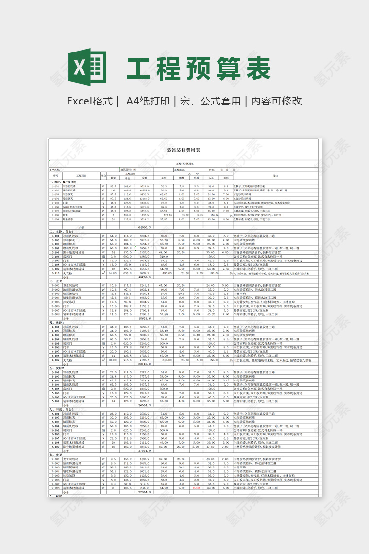 精美详细明了工程预算表EXcel