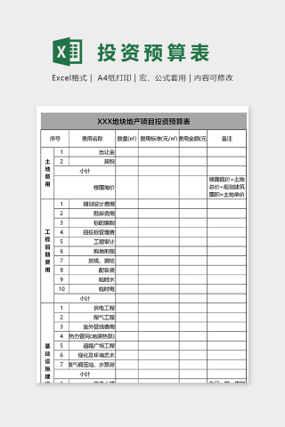 某地块地产项目投资预算表excel模板下载