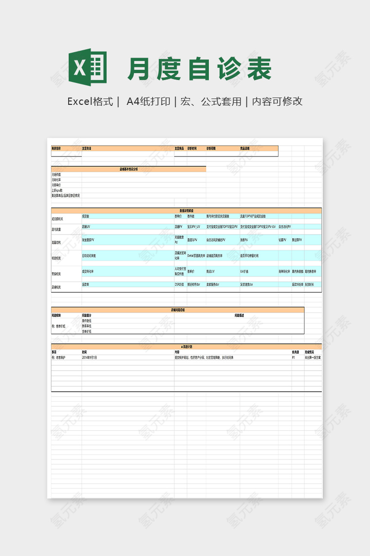 店铺月度自我诊断表excel模板