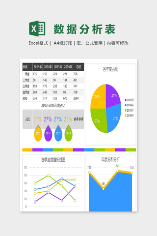 淡雅彩色各年按季度数据分析表excel模板下载