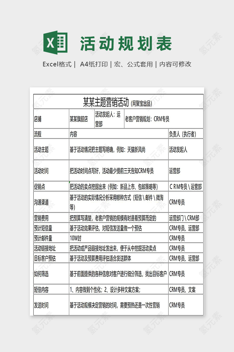 网店主题营销活动规划表excel模板