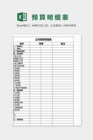 直观简洁公司预算明细表excel模板下载