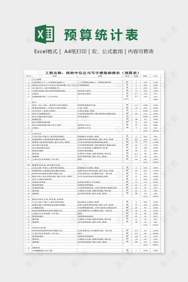 简单精美装修报价预算统计表EXcel