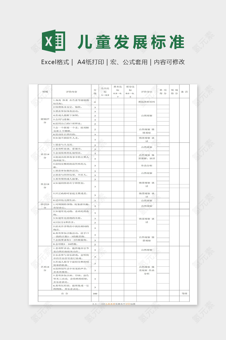 二到三岁儿童素质发展水平评价标准excel模板